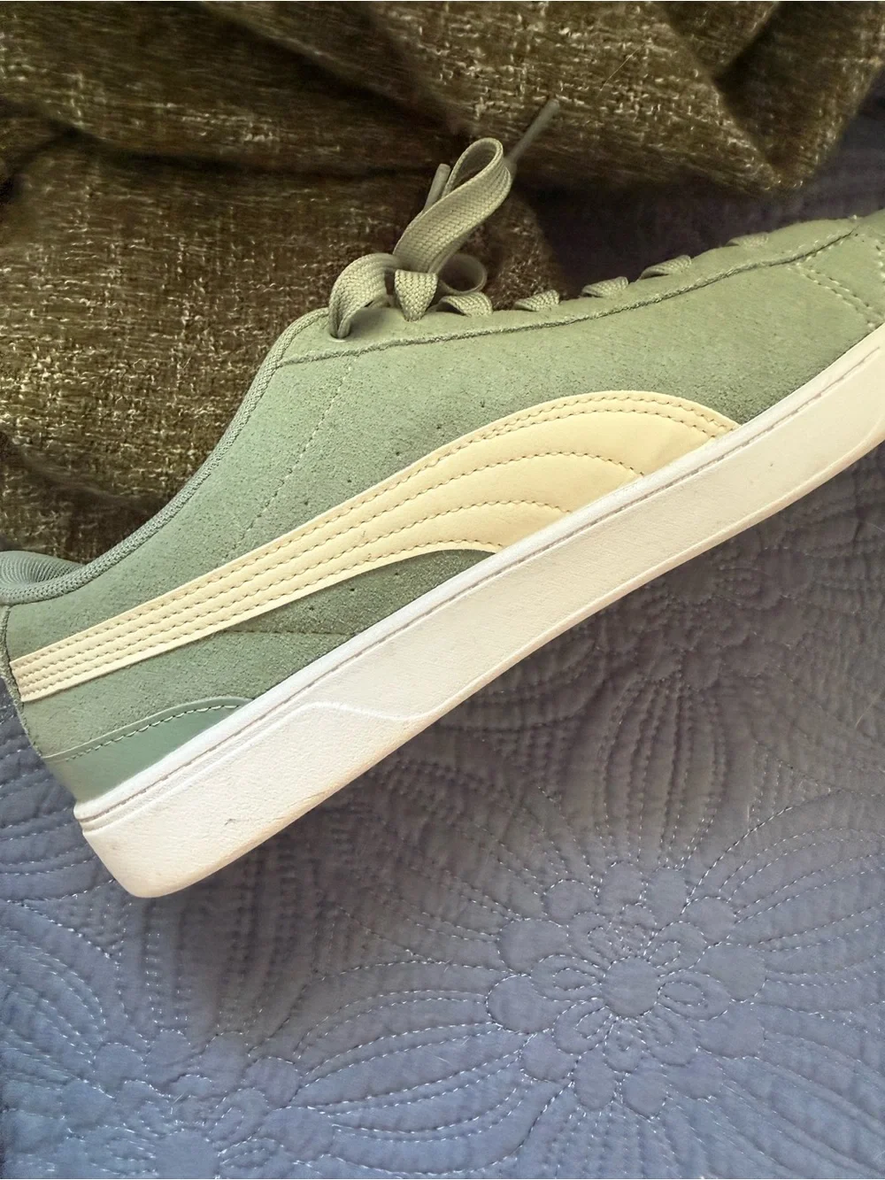 Puma Women's Suede Sneaker in Sage Green with White Stripe